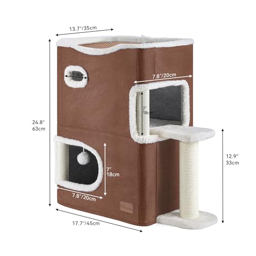 YITAHOME 2-Tier Cat House, Indoor Cat Cave Bed Playhouse, Flannel & Cool Mat, Covered Cat Beds with Scratch Pad and Hideaway Cave, Cute Modern Cat Condo Furniture for Multi Small Cats, Brown