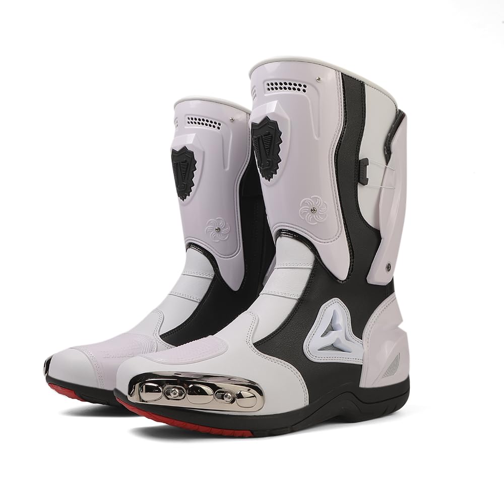 Zeozoom Motorcycle Riding Boots Motorcycle Leather Boots for Women and Men Protection Anti Slip Racing Sports (White, Adult, Men, 10, Numeric, US Footwear Size System, Medium)