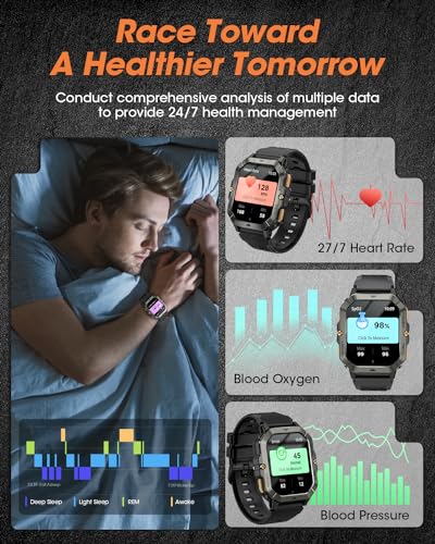 Military Smart Watches for Men (Answer/Make Calls), 2.02'' Fitness Smart Watch for Android and iPhone, Waterproof Fitness Tracker with Blood Pressure/Heart Rate/Sleep/100+ Sport Modes, Watches for Men