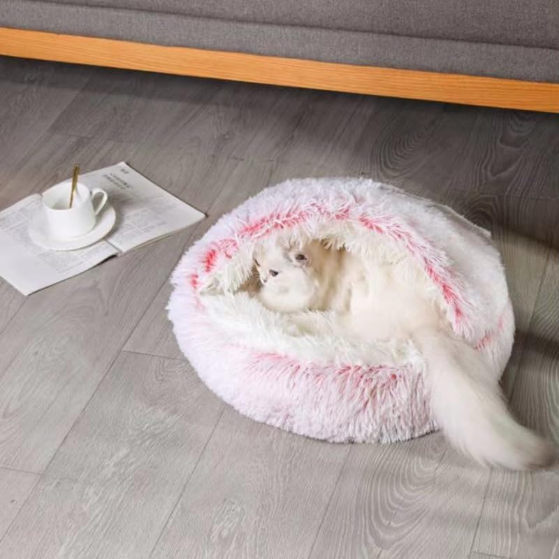 Generic Cat Bed Round Fluffy Hooded Cat Bed Cave, Anti-Anxiety, Anti-Slip, Pink, Small (15.8" x 15.8" x 7.9")