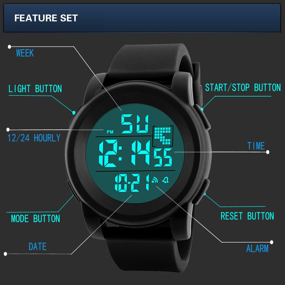 Men's Simple Digital Military Watches Large Face Sport Electronic LED Double Time Waterproof Wrist Watches for Men with Stopwatch Alarm LED Backlight