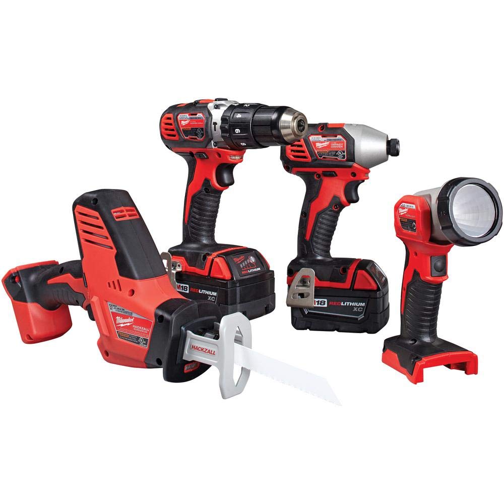Milwaukee 2695-24 M18 18V Cordless Power Tool Combo Kit with Hammer Drill, Impact Driver, Reciprocating Saw, and Work Light (2 Batteries, Charger, and Tool Case Included)