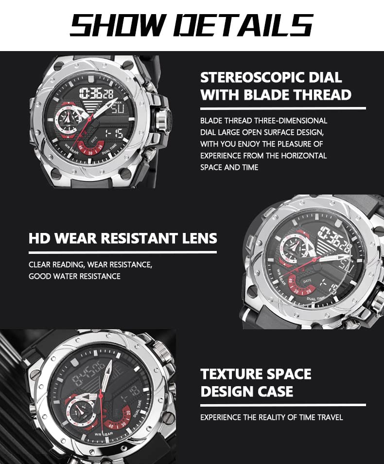 findtime Mens Digital Sports Watches Military Watches for Men 50M Waterproof Tactical Watches with El Light Stopwatch Alarm Casual Watch Black White Red
