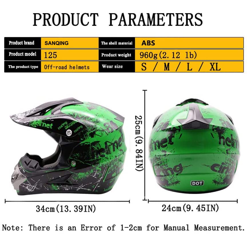 Dirt Bike Helmets Youth Motocross, Motorcycle, BMX, ATV, Off-Road, Four Wheeler, Adult Moutain Bike Helmets Dot Approved (Goggles Gloves Faceshield) (Green, Large)