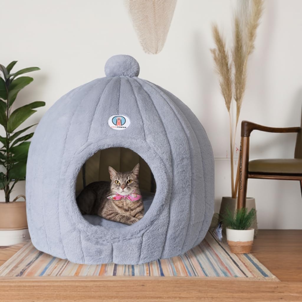 TAILTOWER Largest Cozy Dome Cat Cave Bed – Extra Spacious for Large Cats, Multi-Cat Homes & Small Dogs, Enclosed Plush Hideaway for Indoor Cats (24×23inch, Light Gray)