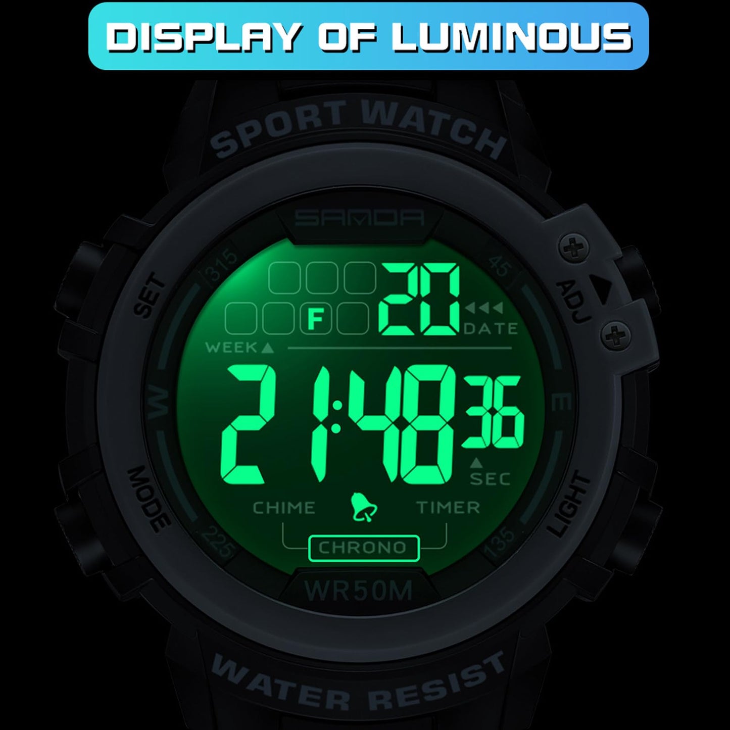 Sports Watches for Men Digital, Big Face LED Dial Easy to Read Time Wrist Watch with Countdown Timer Dual Time 5Bar Waterproof