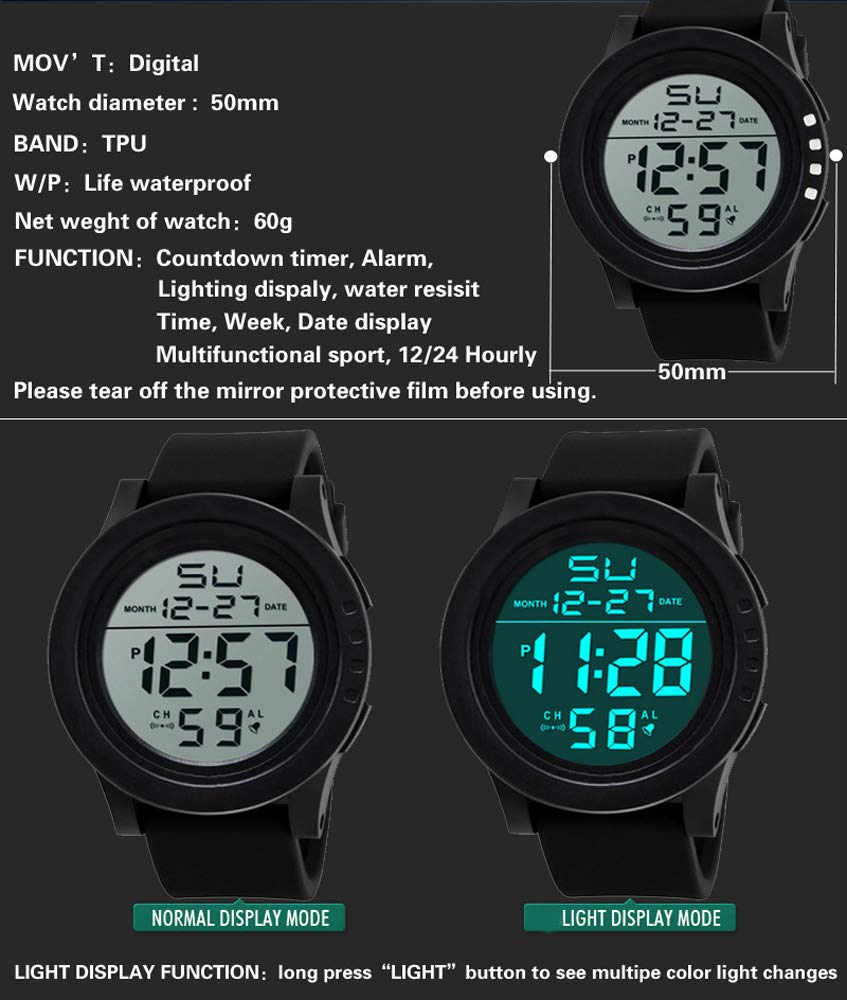 LsvtrUS Men's Digital Sports Watch Waterproof Military Outdoor Wrist Watches for Men with LED Backlight Alarm Back Light