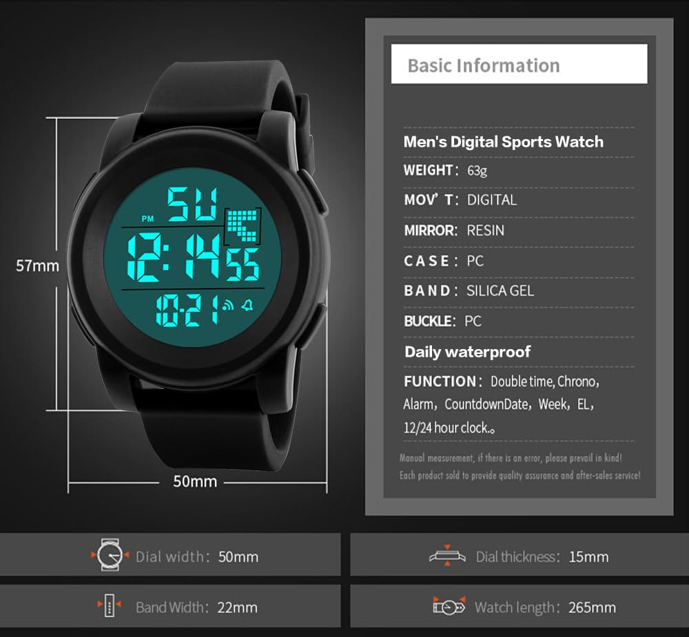 Men's Simple Digital Military Watches Large Face Sport Electronic LED Double Time Waterproof Wrist Watches for Men with Stopwatch Alarm LED Backlight