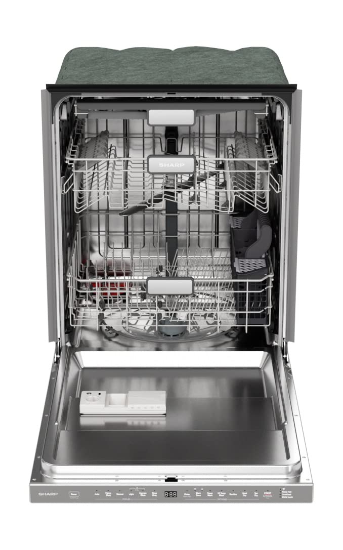 SHARP Smart Dishwasher Works with Alexa. Includes LED Interior lights, Stainless Steel interior, Heated Dry with Fan Assist, Wash Zone cleans half load on either rack, Adjustable Third Rack