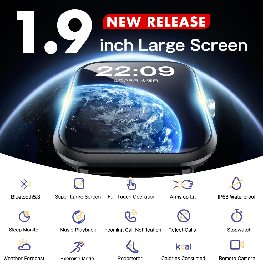 Smart Watch for Men Women, Smartwatch Fitness Tracker Watch for iOS and Android Phones, 1.9” Touchscreen, IP68 Waterproof Smarwatches with Heart Rate/Sleep Monitor Steps Calories Counter