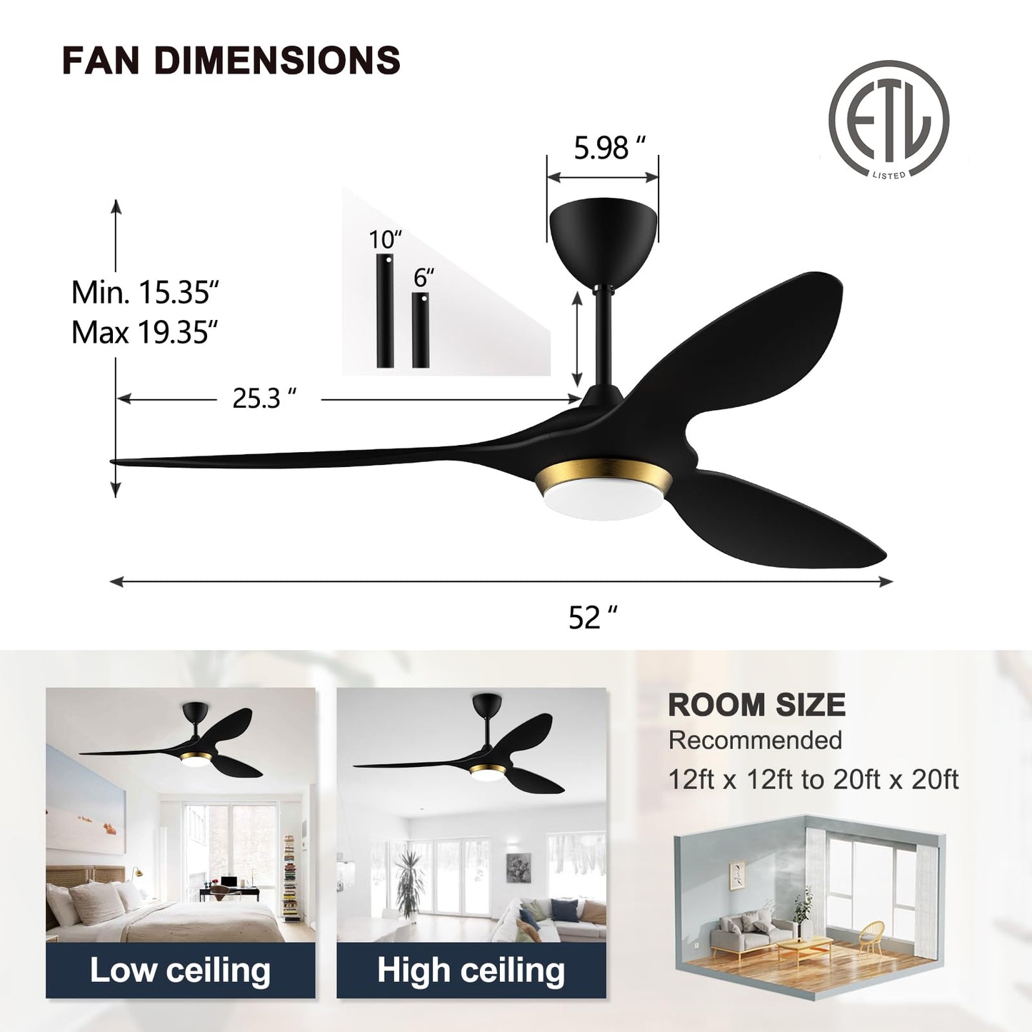 reiga 52 Inch Black Modern Ceiling Fans with Lights and Remote Control, Smart WiFi 3 Blades Quiet DC Motor for Living Room Bedroom Patio Garage, ETL Listed