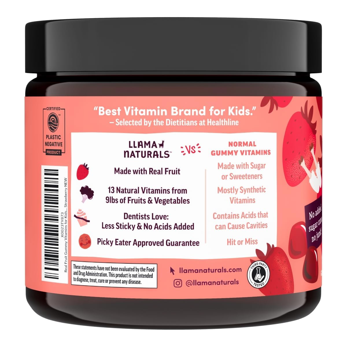 Llama Naturals Kids Multivitamin Gummies, Vegan, Organic with Vitamin D, C & K, Toddler Real Fruit Gummy Vitamins, Chewable Supplement, Whole Food Multivitamin, No Added Sugar Cane, Strawberry, 90 Ct