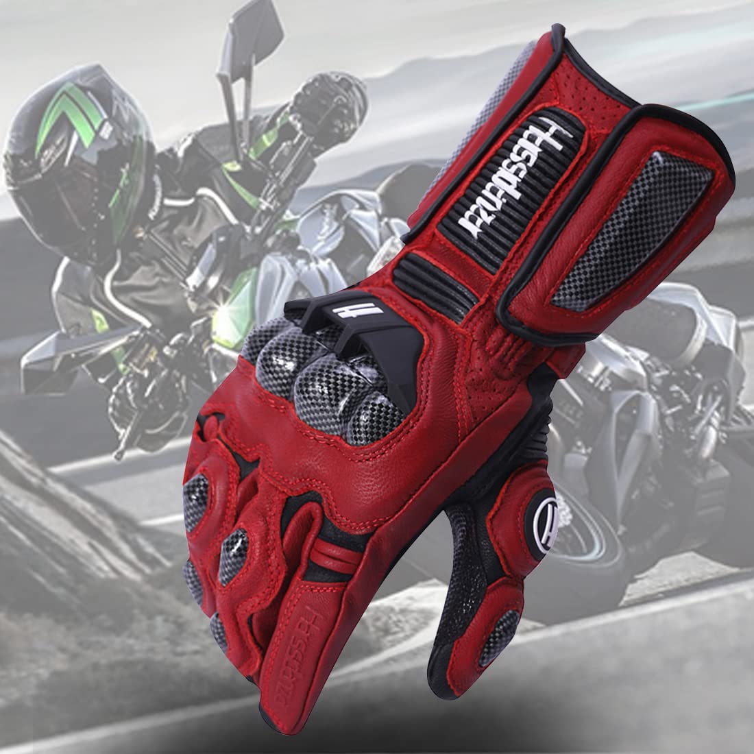 Harssidanzar Leather Motorcycle Gloves for Men and Women,Powersports Carbon Fiber Knuckle Protection Motorbike Gloves KM045,Oxblood/Black, Size M