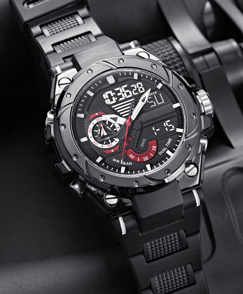 findtime Mens Digital Sports Watches Military Watches for Men 50M Waterproof Tactical Watches with El Light Stopwatch Alarm Casual Watch Black White Red