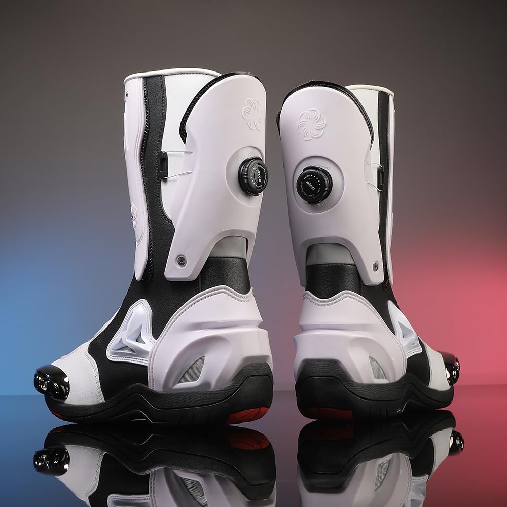 Zeozoom Motorcycle Riding Boots Motorcycle Leather Boots for Women and Men Protection Anti Slip Racing Sports (White, Adult, Men, 10, Numeric, US Footwear Size System, Medium)