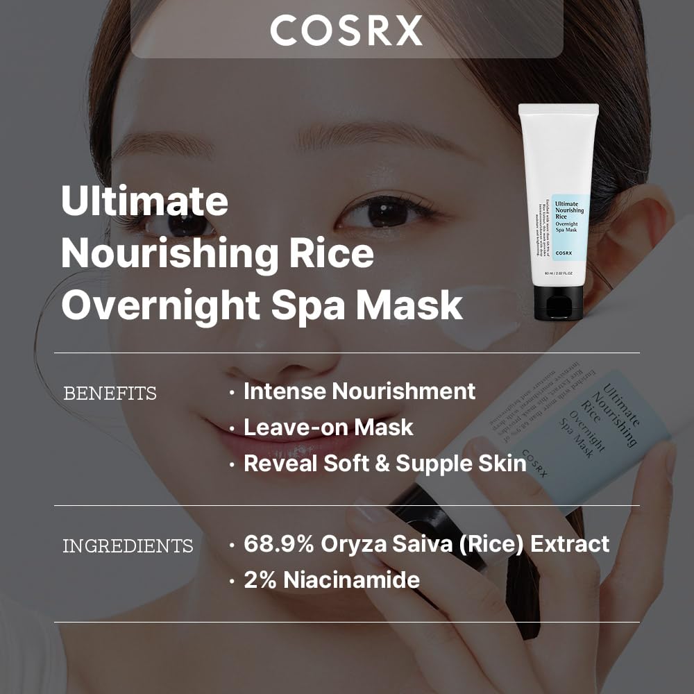 COSRX Ultimate Nourishing Rice Overnight Spa Mask, 60ml / 2.02 fl.oz | Rice Extract 68% and Niacinamide 2%, Korean Skin Care, Animal Testing Free, Paraben Free