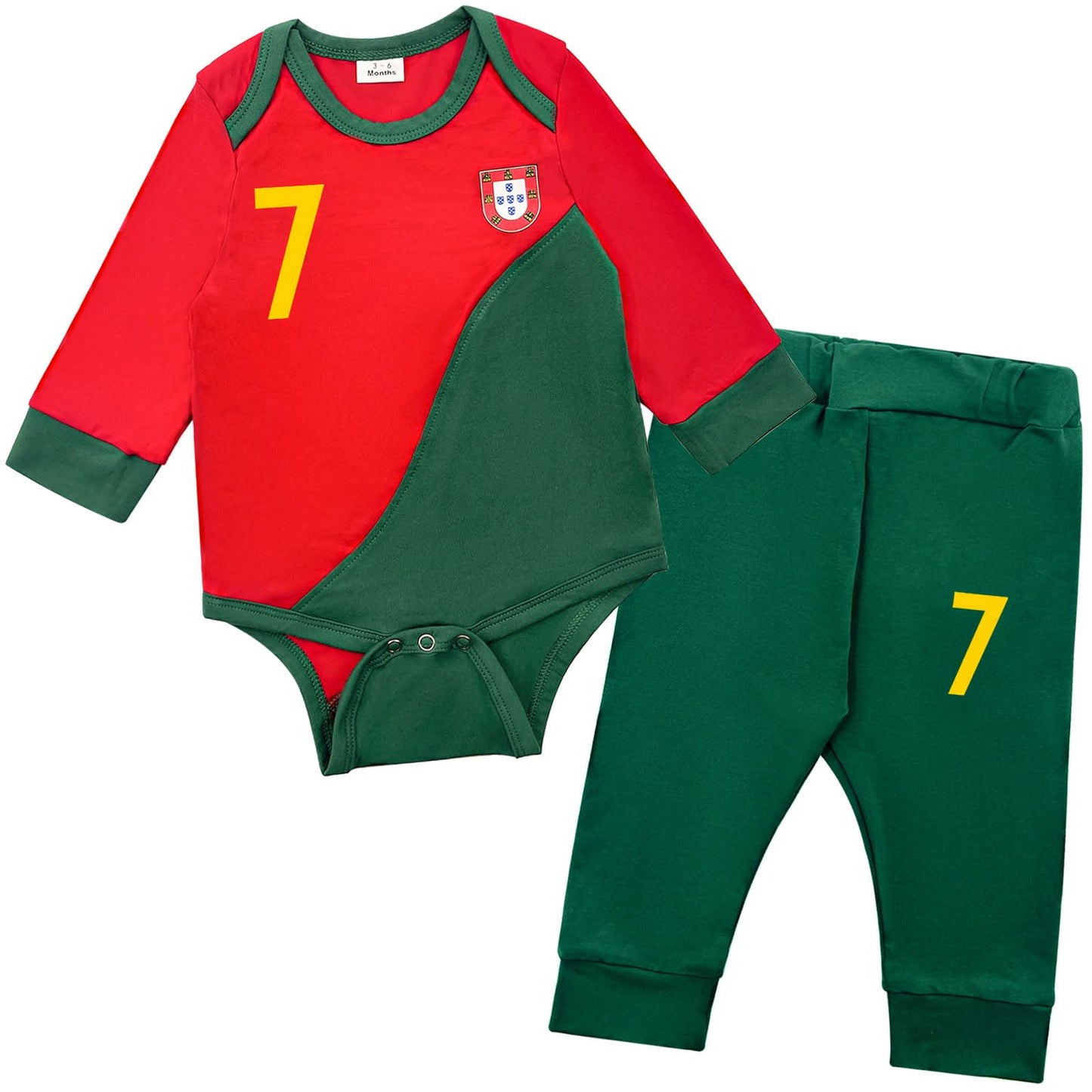 Pezhiqun Baby Boys Portugal #7 Soccer Romper Jerseys Uniforms Newborn Girls Football Bodysuits Fall Clothes Sports Fan Toddler Long Sleeve Shirts Pant Outfits,12-18 Months