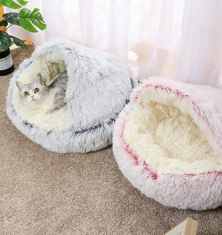 Generic Cat Bed Round Fluffy Hooded Cat Bed Cave, Anti-Anxiety, Anti-Slip, Pink, Small (15.8" x 15.8" x 7.9")