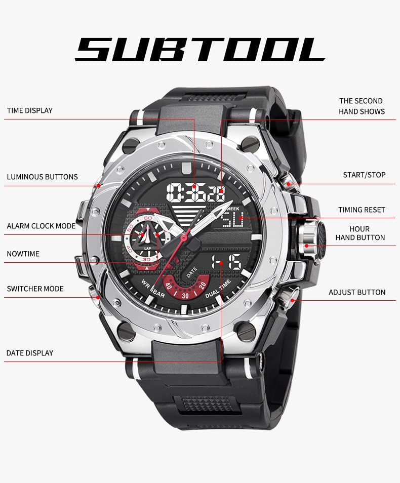 findtime Mens Digital Sports Watches Military Watches for Men 50M Waterproof Tactical Watches with El Light Stopwatch Alarm Casual Watch Black White Red