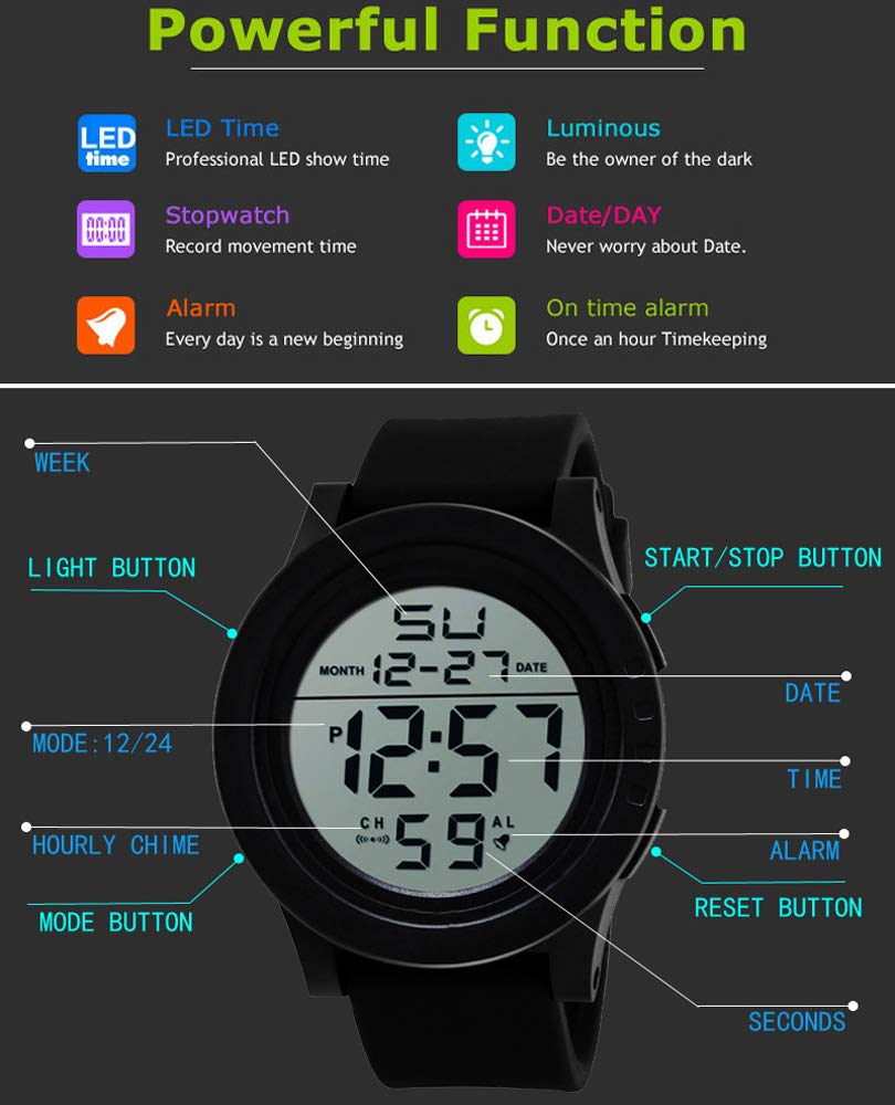 LsvtrUS Men's Digital Sports Watch Waterproof Military Outdoor Wrist Watches for Men with LED Backlight Alarm Back Light
