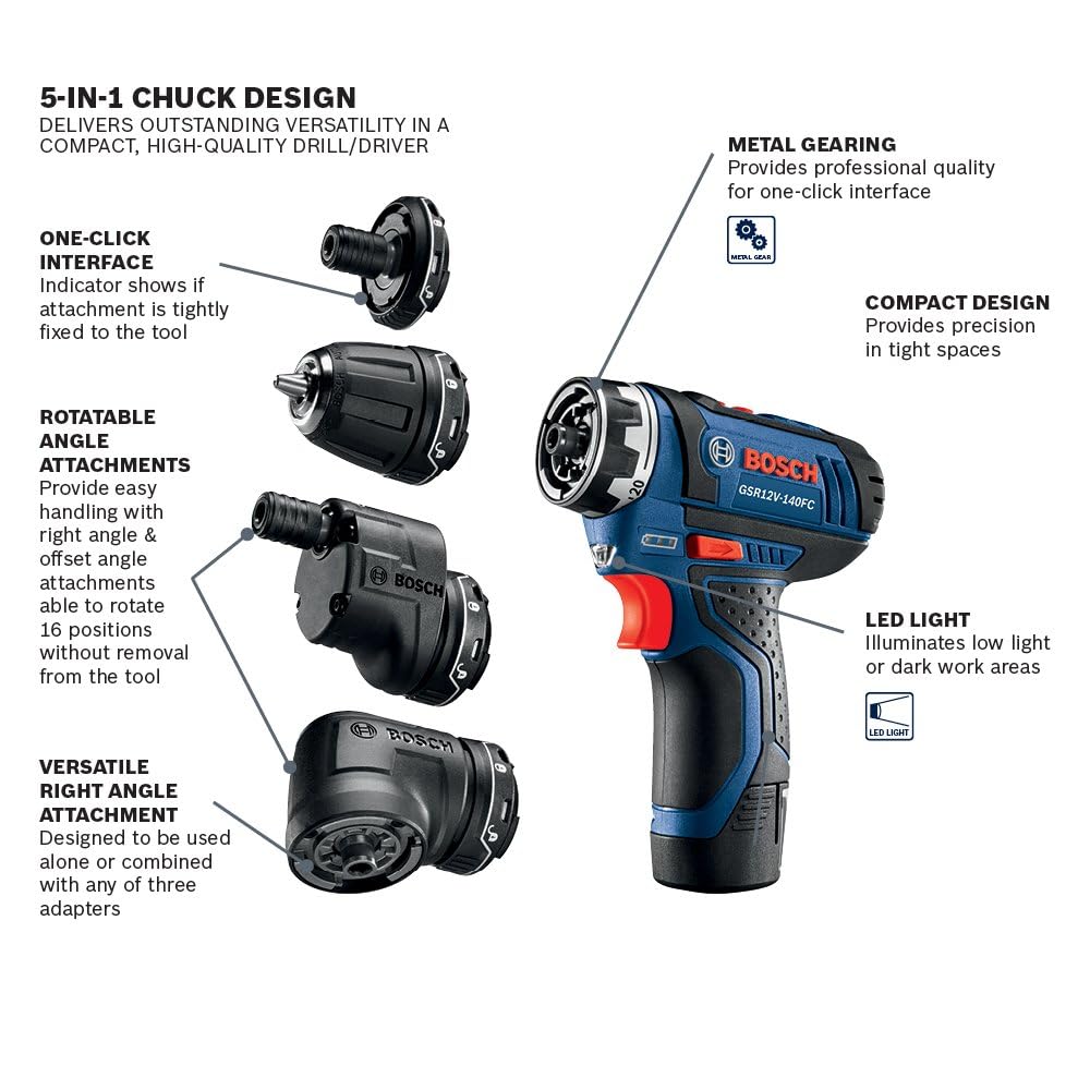 BOSCH GSR12V-140FCB22 12V Drill/Driver 5-In-1 Flexiclick System - Torque, Lightweight, Magnetic Bit Holder, Keyless Chuck, Right Angle & Offset Attachments. Includes 2.0 Ah Batteries & Charger