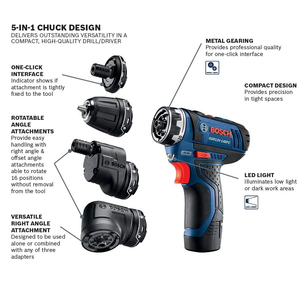 BOSCH GSR12V-140FCB22 12V Drill/Driver 5-In-1 Flexiclick System - Torque, Lightweight, Magnetic Bit Holder, Keyless Chuck, Right Angle & Offset Attachments. Includes 2.0 Ah Batteries & Charger