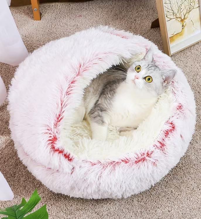 Generic Cat Bed Round Fluffy Hooded Cat Bed Cave, Anti-Anxiety, Anti-Slip, Pink, Small (15.8" x 15.8" x 7.9")