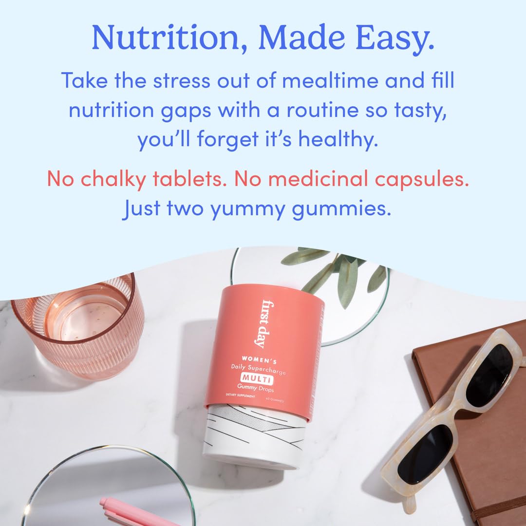 FIRST DAY Women's Methylated Multivitamin Gummies – A, B1, B2, B6, B9, B12, C, D3, E, K2 + Methylfolate, Magnesium, Zinc, Biotin – Vegan, Organic Blend, Low Sugar – Hair, Skin, & Energy Aid – 30 Day
