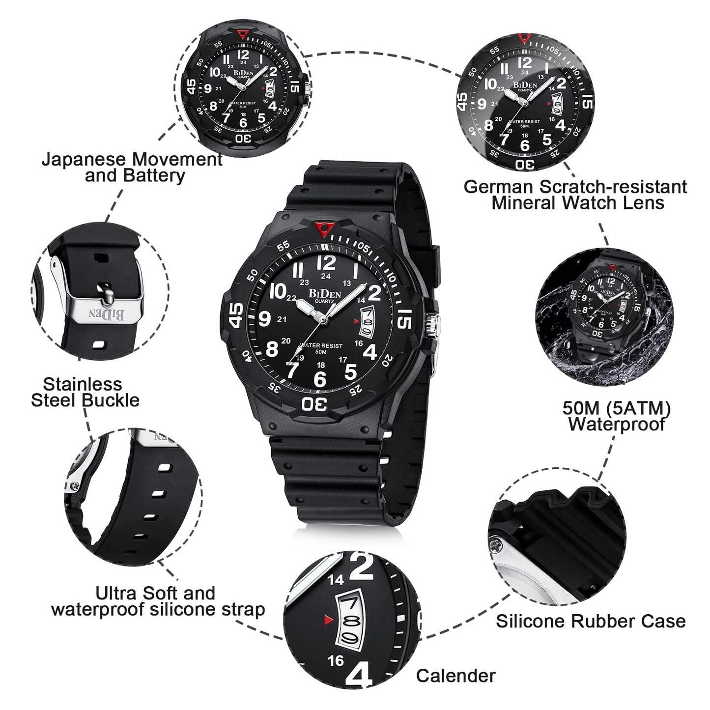 LN LENQIN Mens Watches Analog Quartz Watches Men 50M Waterproof Watch Fashion Business Casual Mens Designer Watch with Date Wrist Watches for Man (R009-Black-Red)