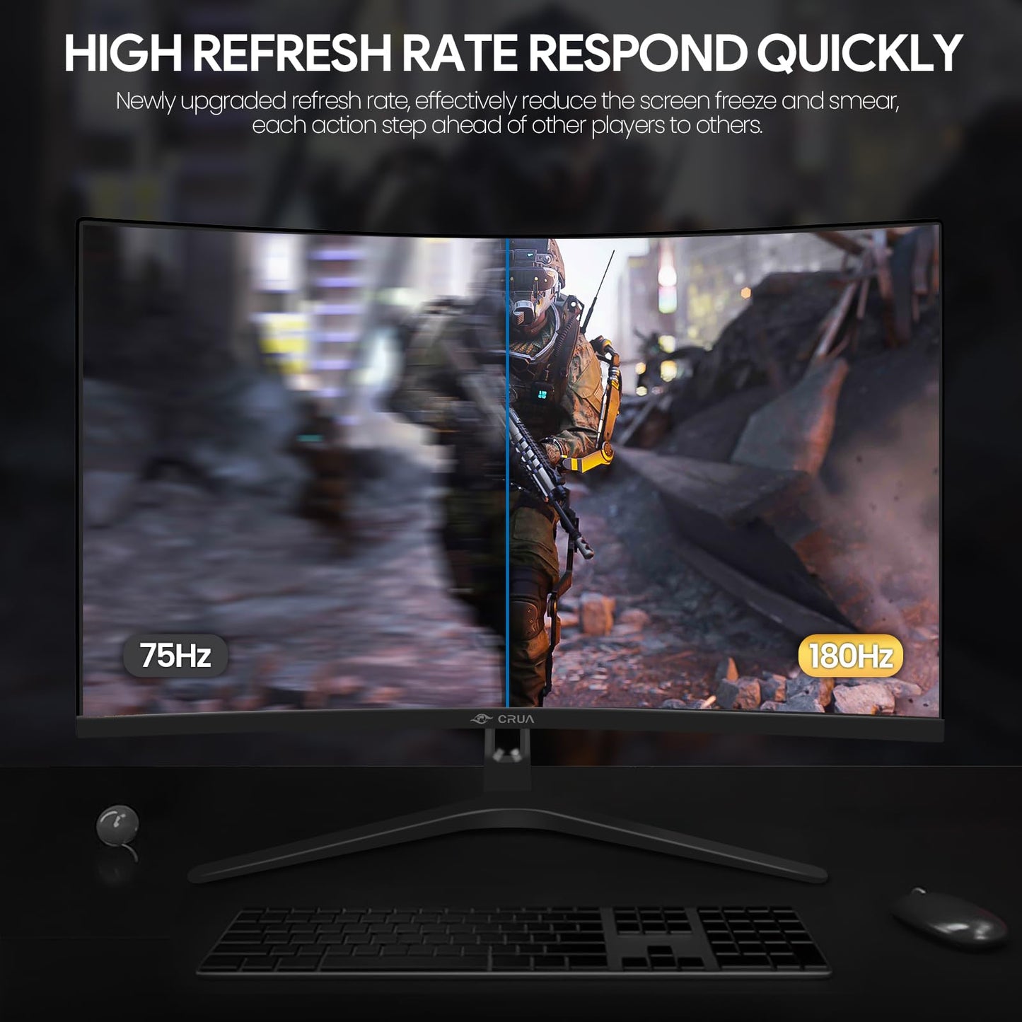 CRUA 27" Curved Gaming Monitor, FHD 1920x1080P, 144Hz/180Hz Computer Monitor, 1800R VA Screen, 99% sRGB, FreeSync, HDMI & DP, Wall Mount Install- Black