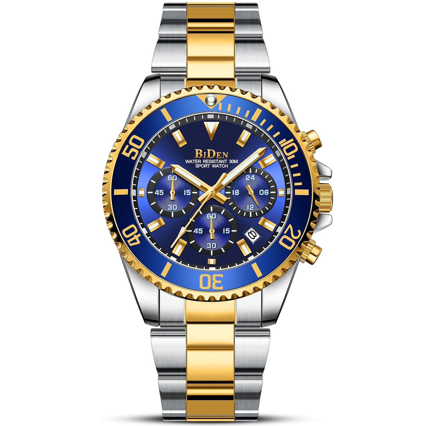 BIDEN Mens Watches Chronograph Gold Blue Stainless Steel Waterproof Date Analog Quartz Watch Business Casual Fashion Wrist Watches for Men