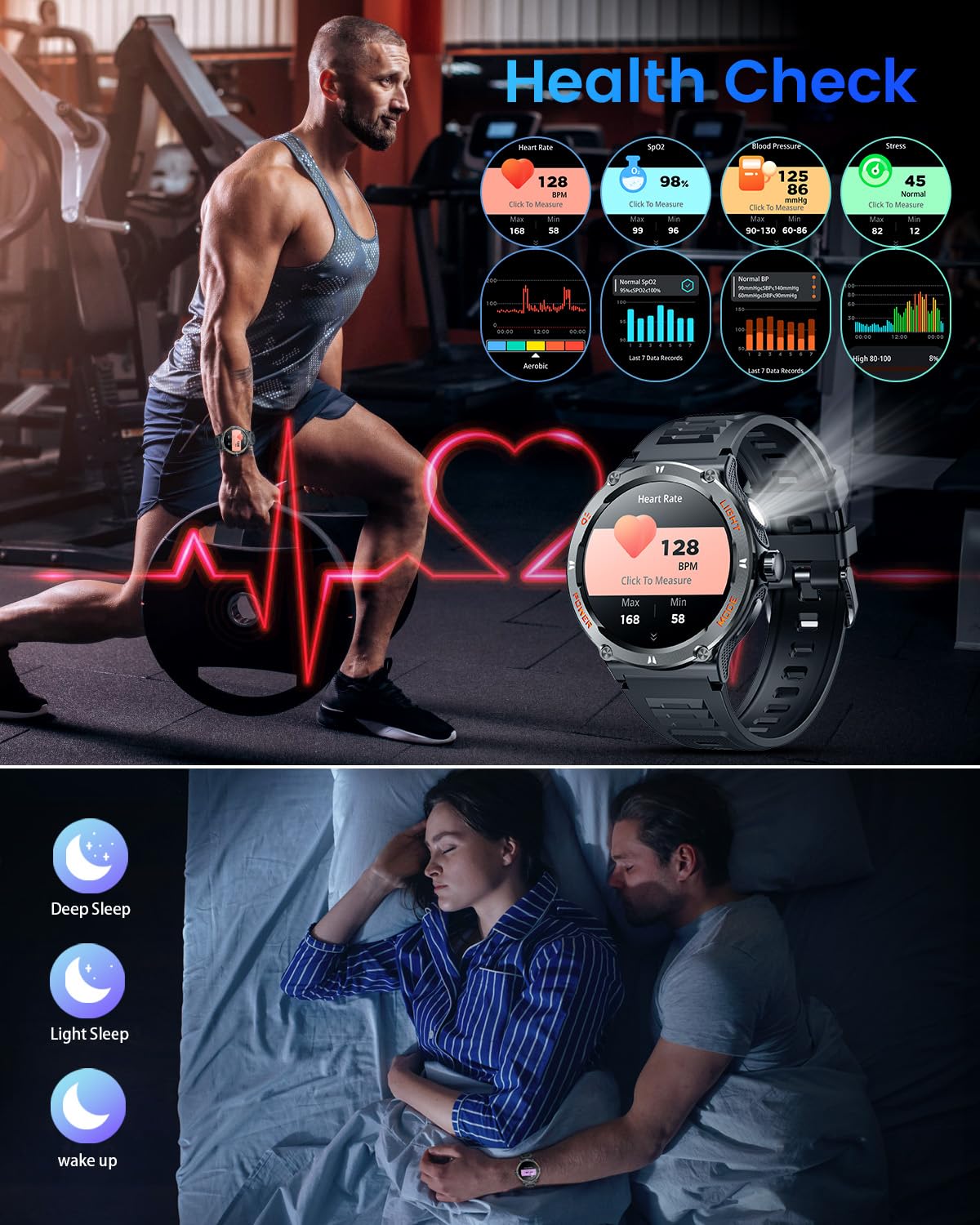 Smartwatch Men Fitness Tracker Watch: Smart Watches 1.53" Round Touchscreen 3ATM Waterproof LED Flashlight Bluetooth Call Heart Rate Blood Pressure Sport Step Pedometer Compass Compatible Android iOS