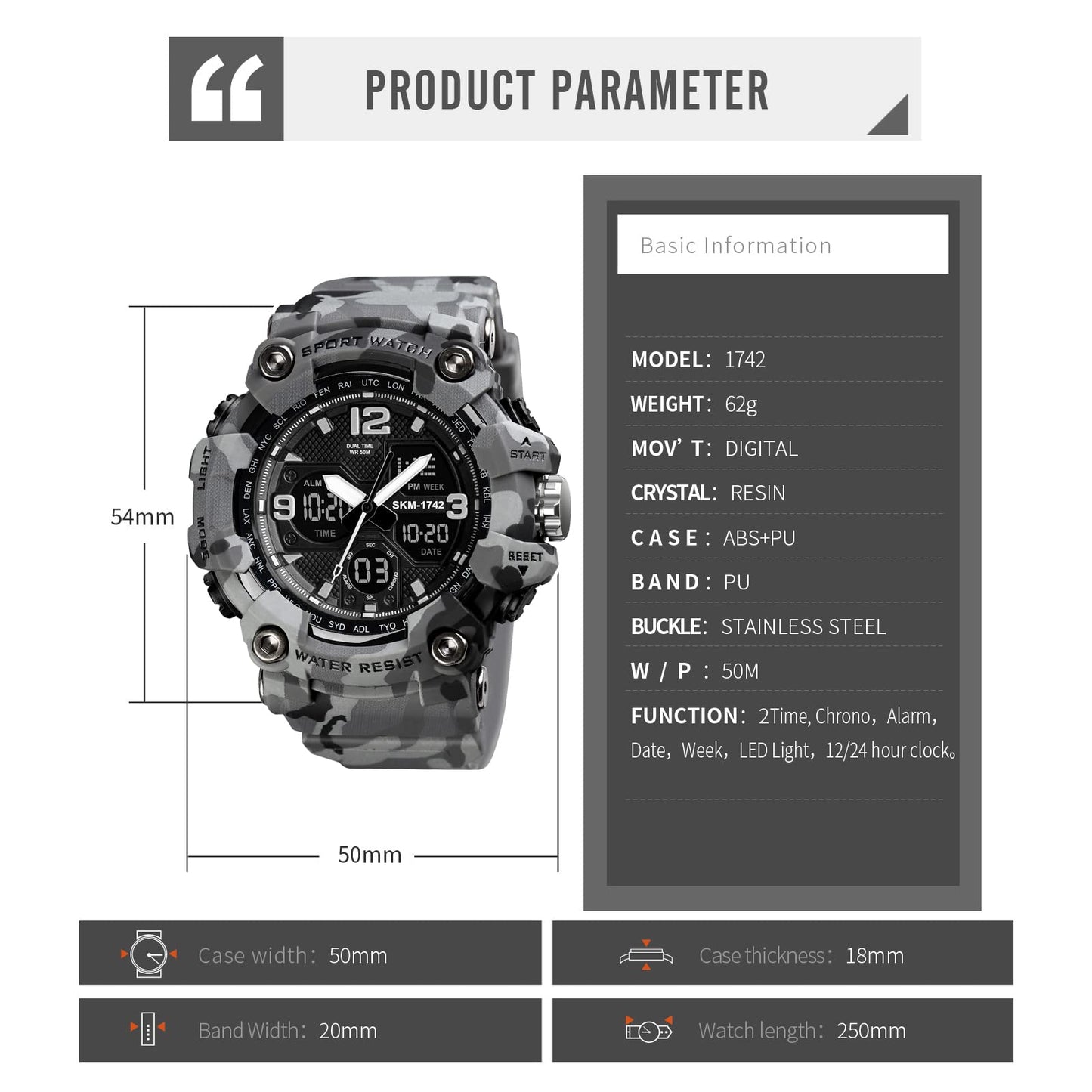 Dayllon Mens Digital Sports Watch 50M Water Resistant Military Backlight Stopwatch LED Screen Countdown Watches 1742 Grey