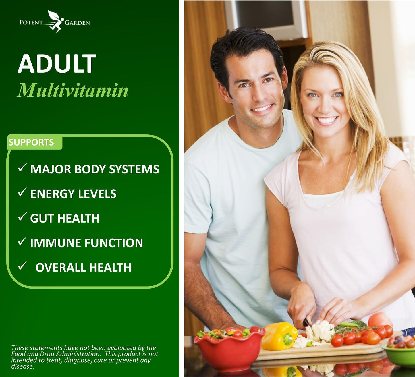 Potent Garden Adult Multivitamin for Women & Men, 42 Fruits & Vegetables Plus Probiotics, Supports Energy Metabolism & Immune System, Daily Multivitamin for Men & Women Non-GMO, 90 Tabs, 30 Servings