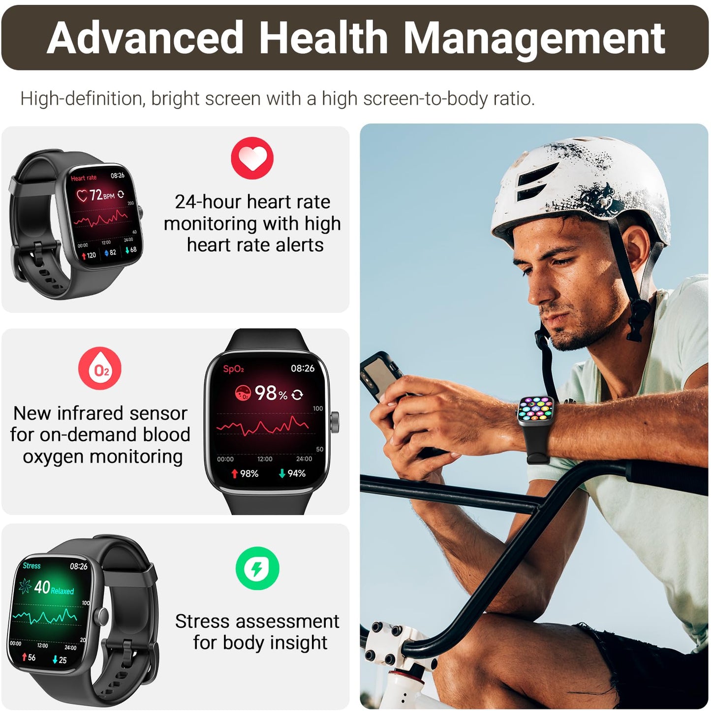 TOZO AMOLED S7 Smart Watch Bluetooth Call 1.85 Inch Ultra HD Screen,Dynamic Dials Messages Push 100+ Sports Modes,Detect Human Health (Heart Rate,Blood Oxygen) with High Battery Life,Touch Function