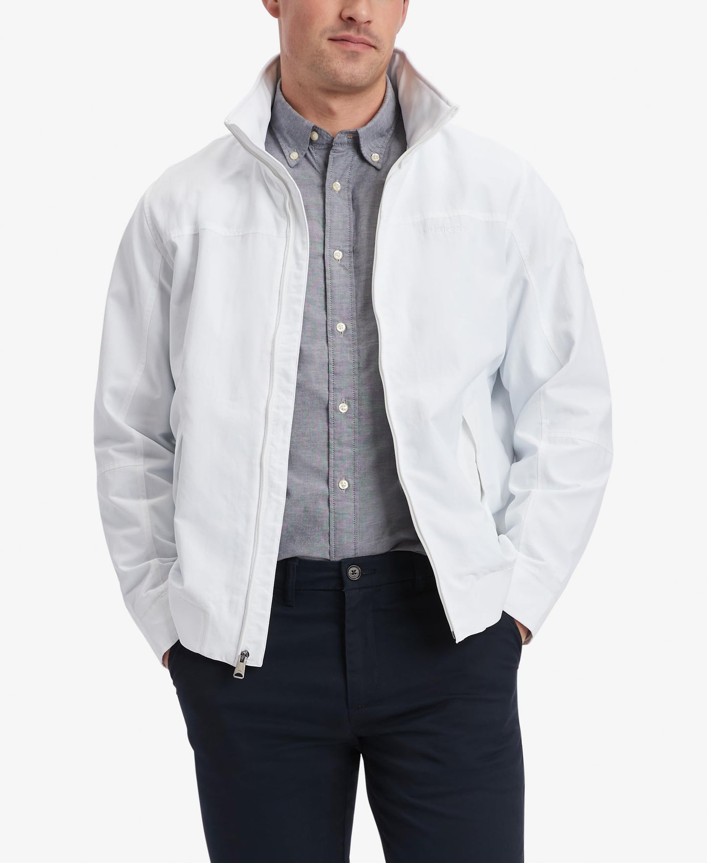 Tommy Hilfiger Men's Lightweight Waterproof Regatta Bomber Jacket, Sustainable Optic White, MEDIUM
