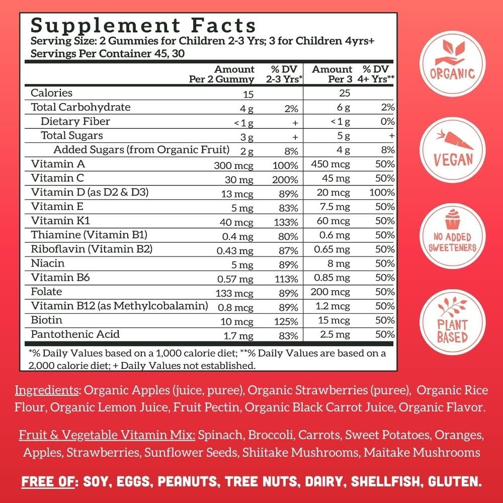 Llama Naturals Kids Multivitamin Gummies, Vegan, Organic with Vitamin D, C & K, Toddler Real Fruit Gummy Vitamins, Chewable Supplement, Whole Food Multivitamin, No Added Sugar Cane, Strawberry, 90 Ct
