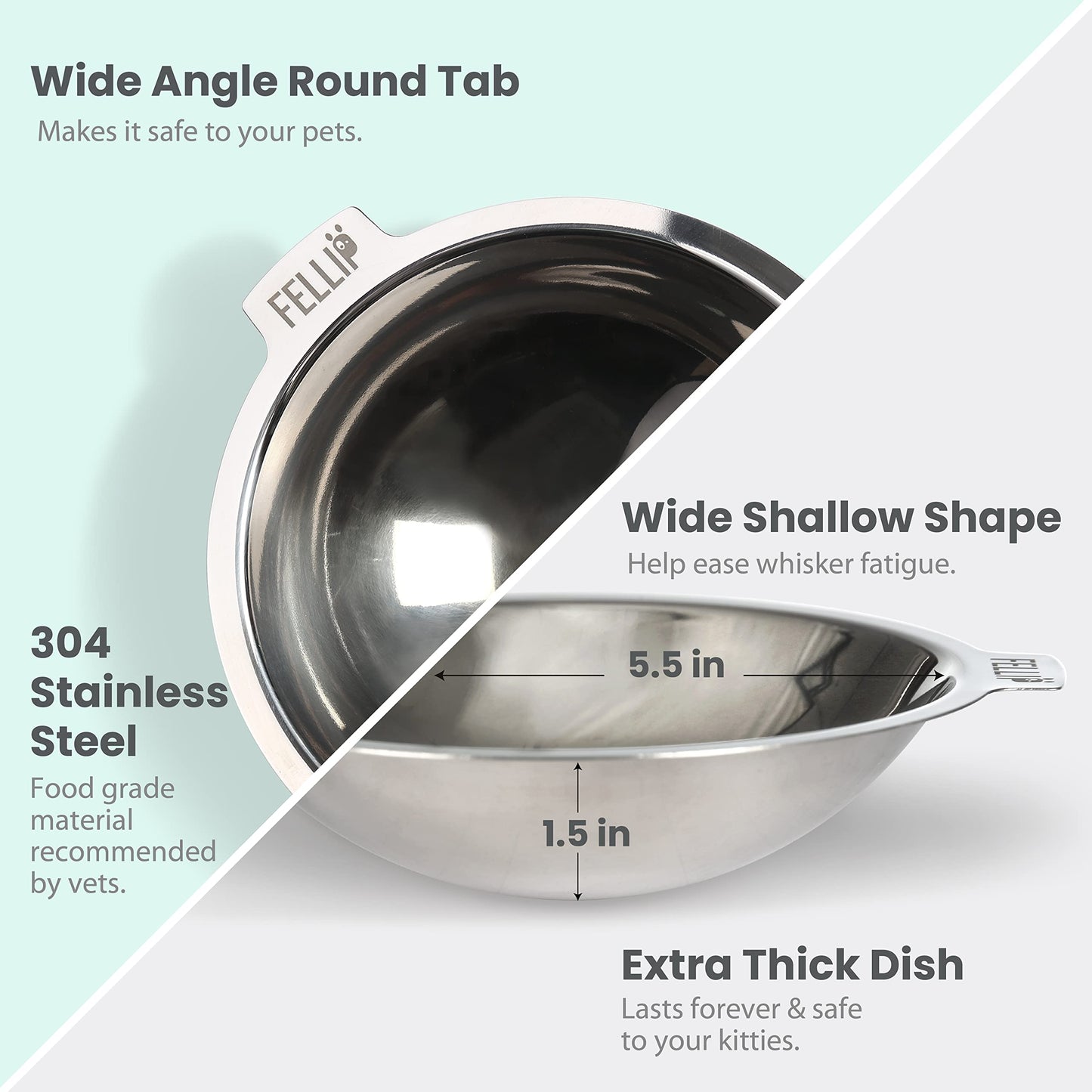 Felli Oblik Elevated Cat Bowl Whisker Fatigue Stainless Steel Shallow Dish, Tilted Anti Vomit, Non Spill Flat Plate for Small Dog Pet, Raised Stand + Metal Feeder for Dry Wet Food (0.5Cup, Classic)