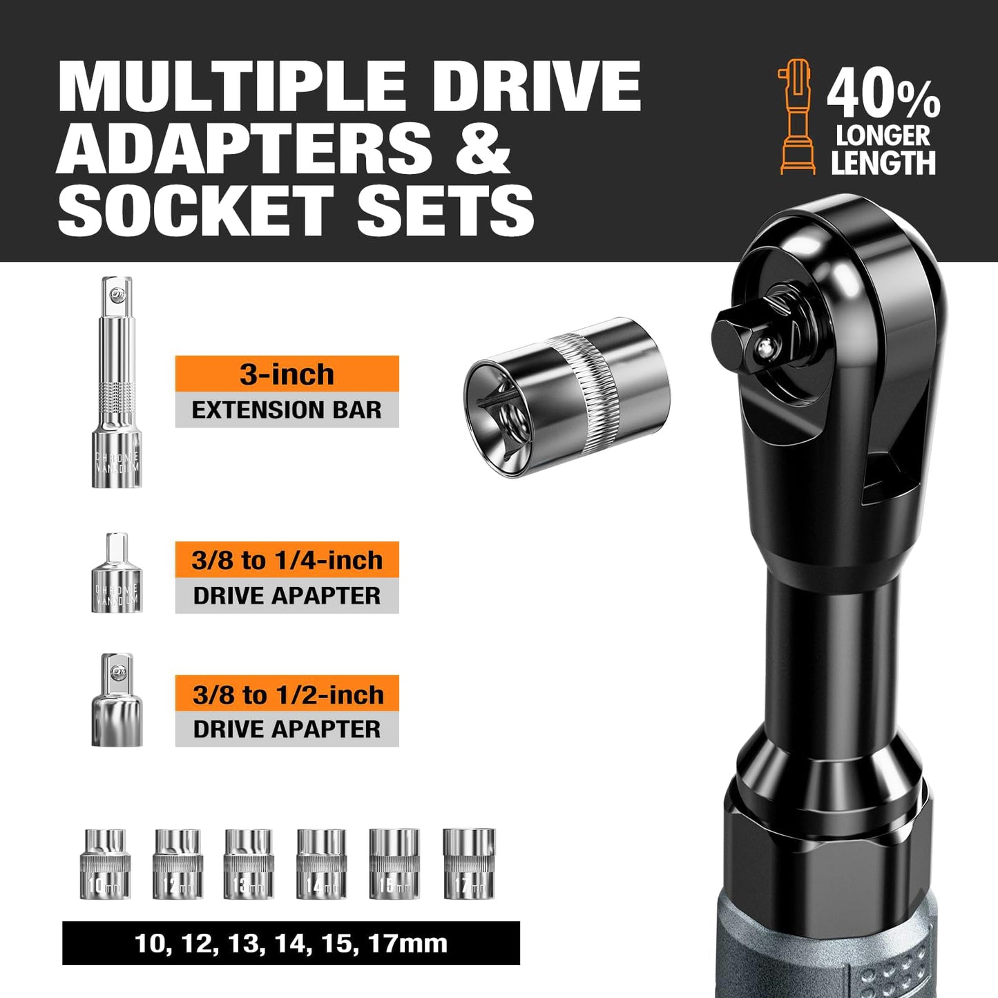 3/8" Cordless Ratchet Wrench Set, 60FT-LBS(80N.m) Electric Ratchet, 12V Extended Power Ratchet Wrench Set with Variable Speed, 6 Sockets, LED Light, 1/4" Adapter,1/2" Adapter,2 Batteries