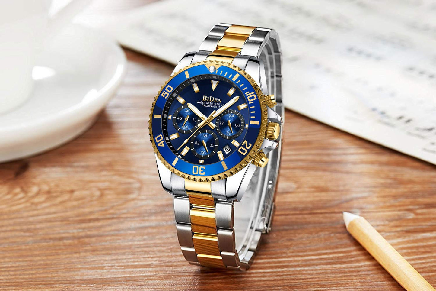 BIDEN Mens Watches Chronograph Gold Blue Stainless Steel Waterproof Date Analog Quartz Watch Business Casual Fashion Wrist Watches for Men