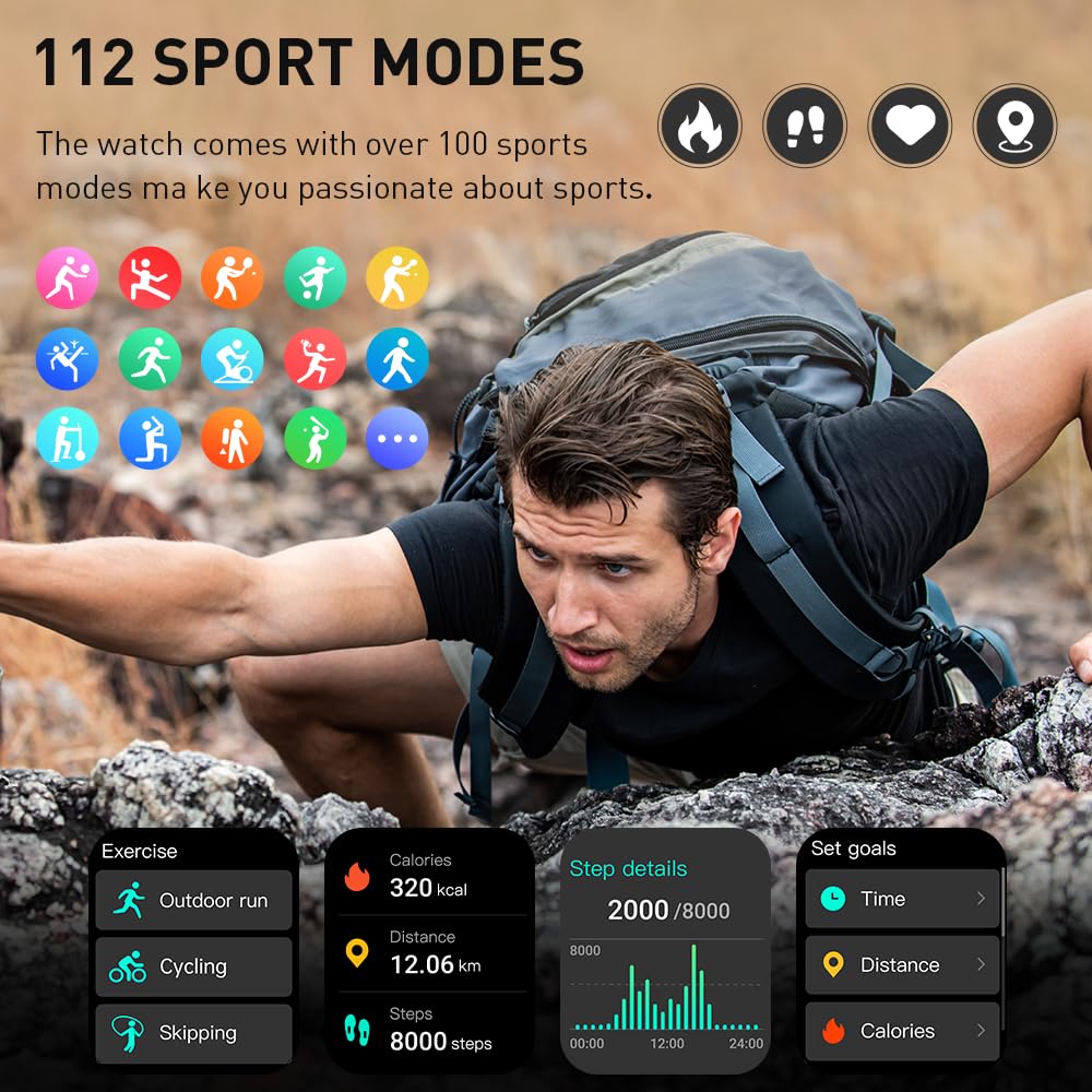 Smart Watch(Answer/Make Call), 1.96" HD Smartwatch for Men Women, 2025 New Fitness Watch with 110+ Sport Modes, Heart Rate, Sleep Monitor, Pedometer, IP68 Waterproof Activity Tracker for Android iOS