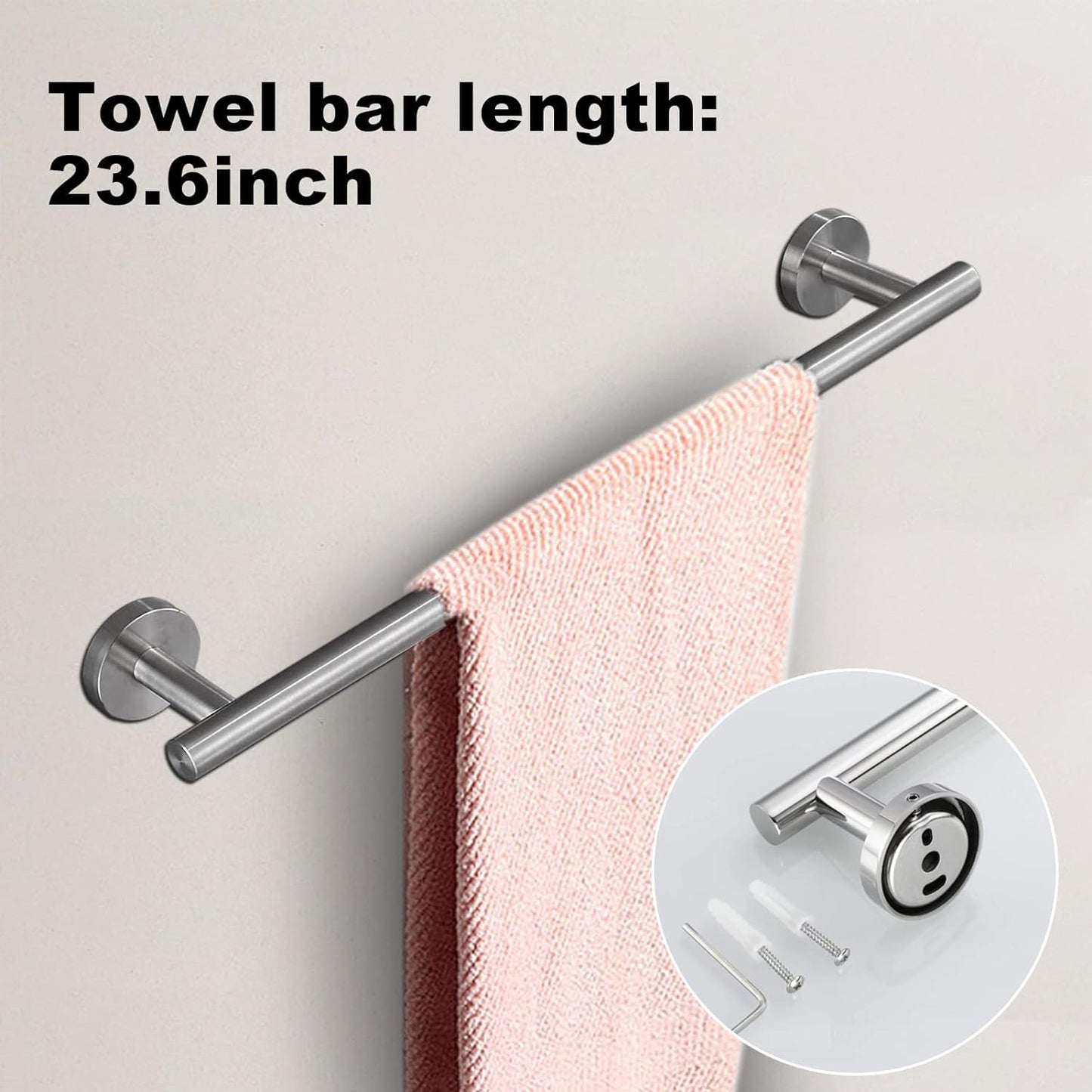 Toptowel 23.6inch 10 Sets Bathroom Towel Rack Set Brushed Nickel, Includes 2 Packs 23.6Inch Towel Bar, 2 Packs Towel Ring, 2 Packs Toilet Holder and 4 Packs Towel Hooks-Brushed Nickel