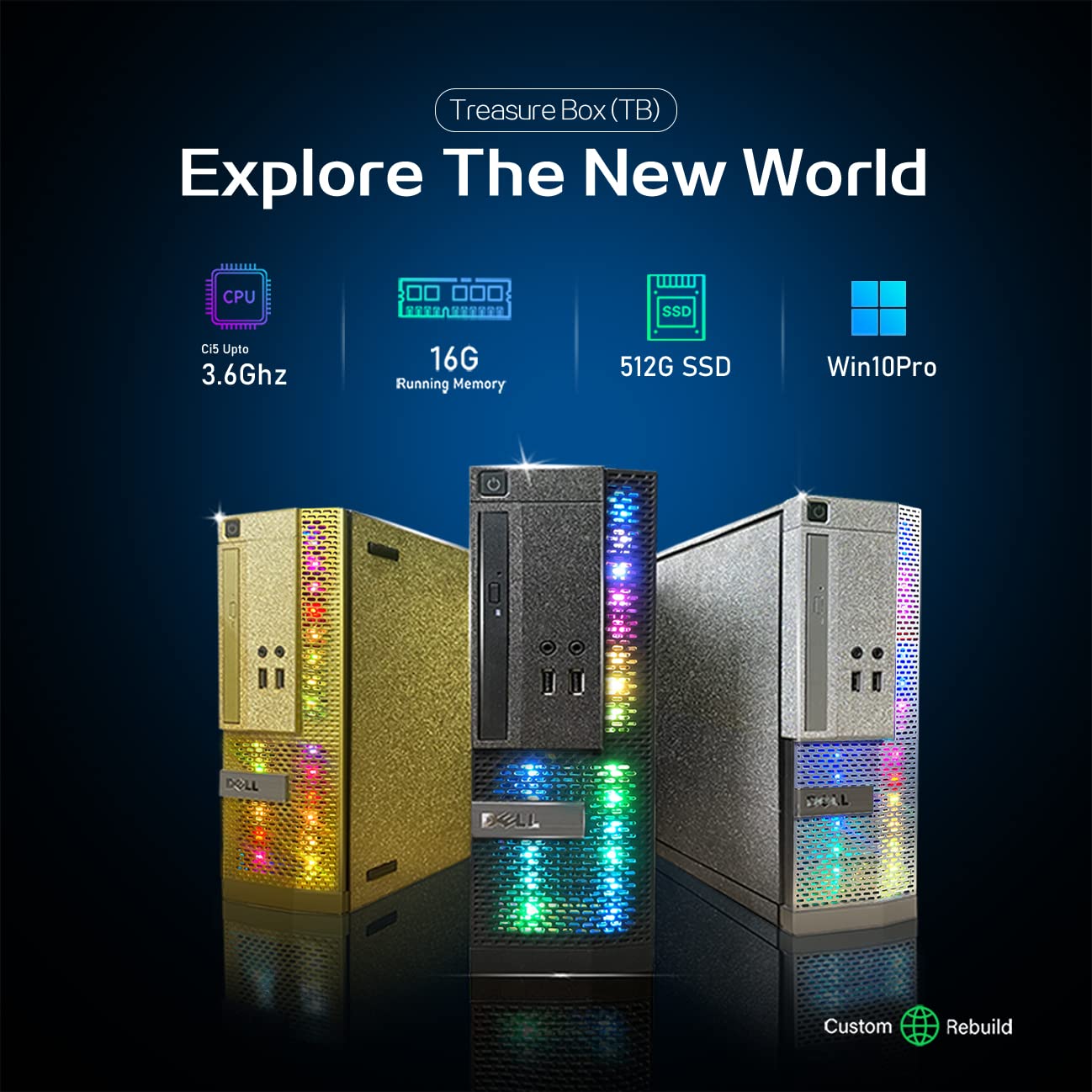 PC Gold Treasure Box RGB Dell Desktop Quad Core I5 up to 3.6G, 16G, 512G SSD, WiFi, Bluetooth 4.0, RGB Gaming Keyboard & Mouse, DVD, New 22" 1080 FHD LED, RGB Sound Bar, Webcam, Win 10 Pro (Renewed)