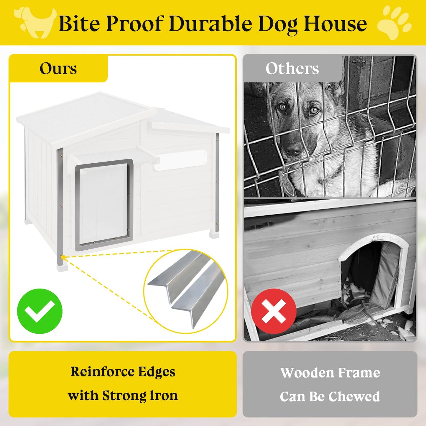 Gowoodhut Dog House Outdoor Weatherproof Large Wooden Dog Kennel Indoor with Chew-Proof Iron Frame, Removable Floor, and Adjustable Window for Large and Medium Dogs (Grey, 43.5"D x 29.5"W x 33.5"H)