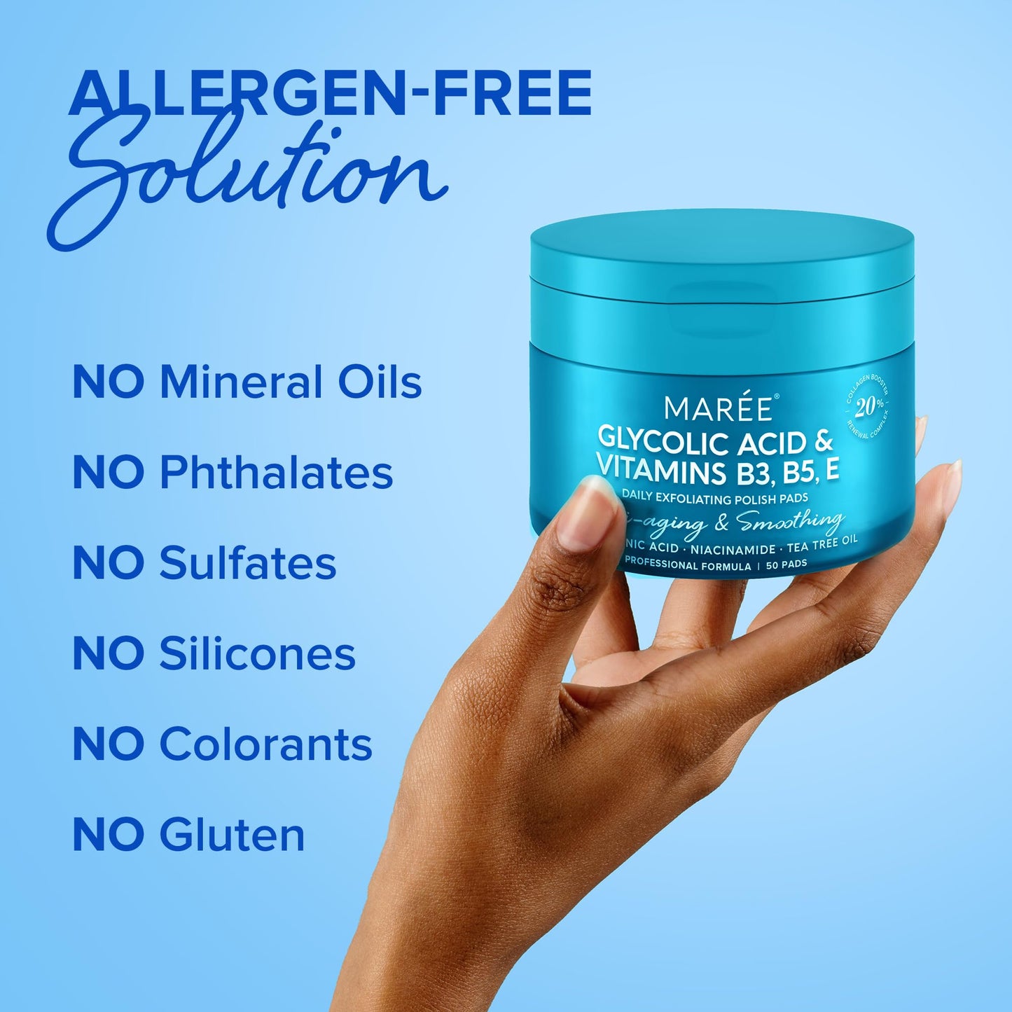 MAREE Glycolic Acid Pads - Toner Pads for Face Cleansing - Tea Tree Oil, Salicylic Acid & Vitamins E, B3, B5 - Facial Peel & Radiance Deep Cleaning Effect - 50 Pads
