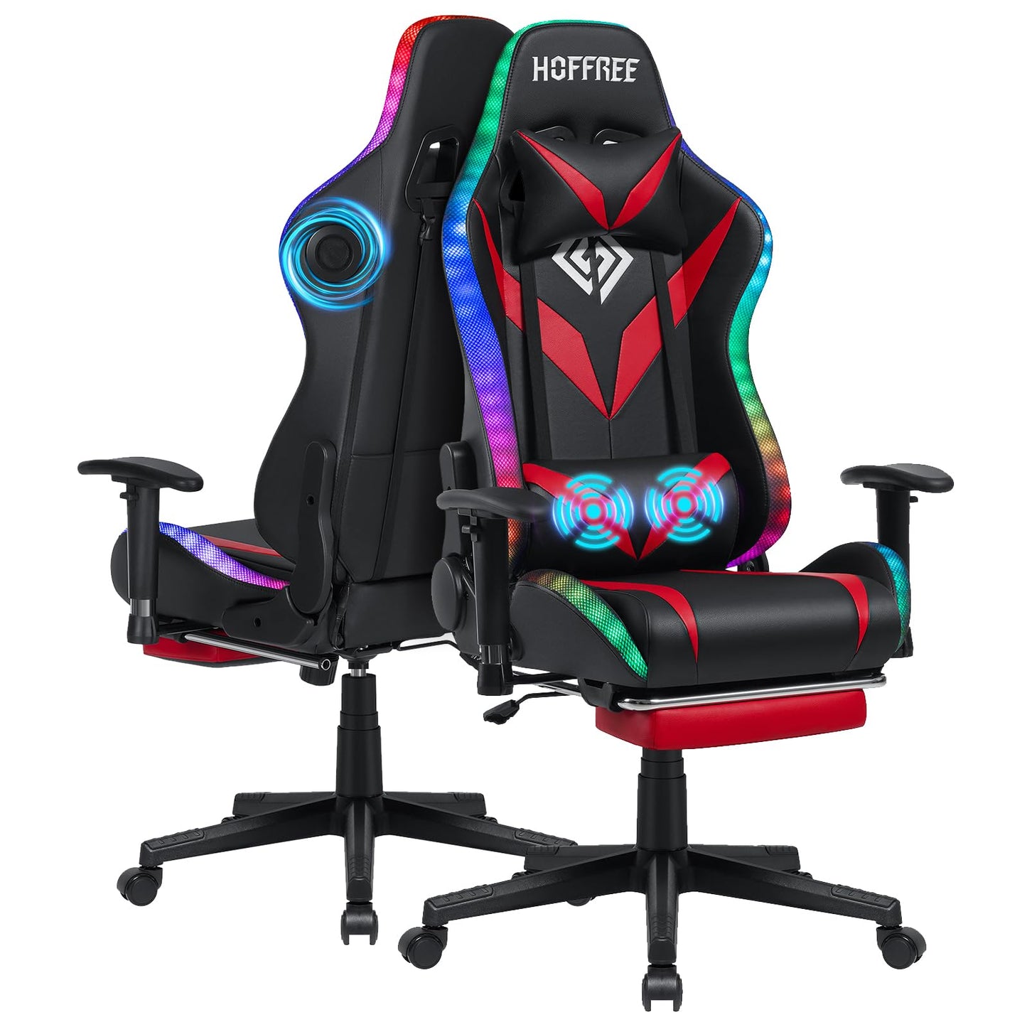 HOFFREE RGB Gaming Chair with Bluetooth Speakers Racing Gamer Chair Massage and Led Lights Swivel Game Chair with Footrest High Back Computer Desk Chair Red and Black