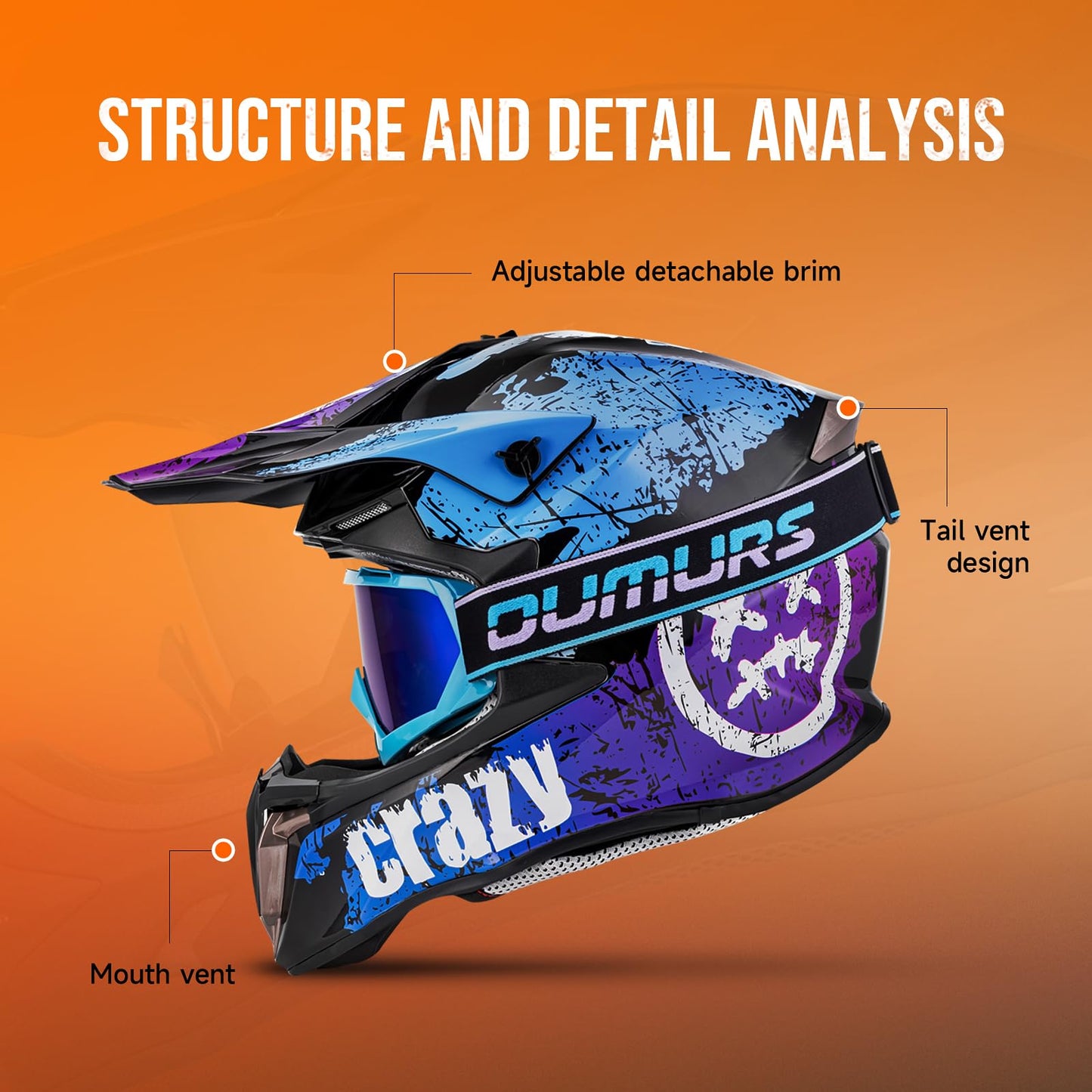 OUMURS Adult ATV Dirt Bike Helmet with Gloves & Mask Adjustable Sun Visor Motorcycle Adult Helmet Off-Road Motocross Downhill Moped MX for Unisex-Adult-Crazy Blue, L