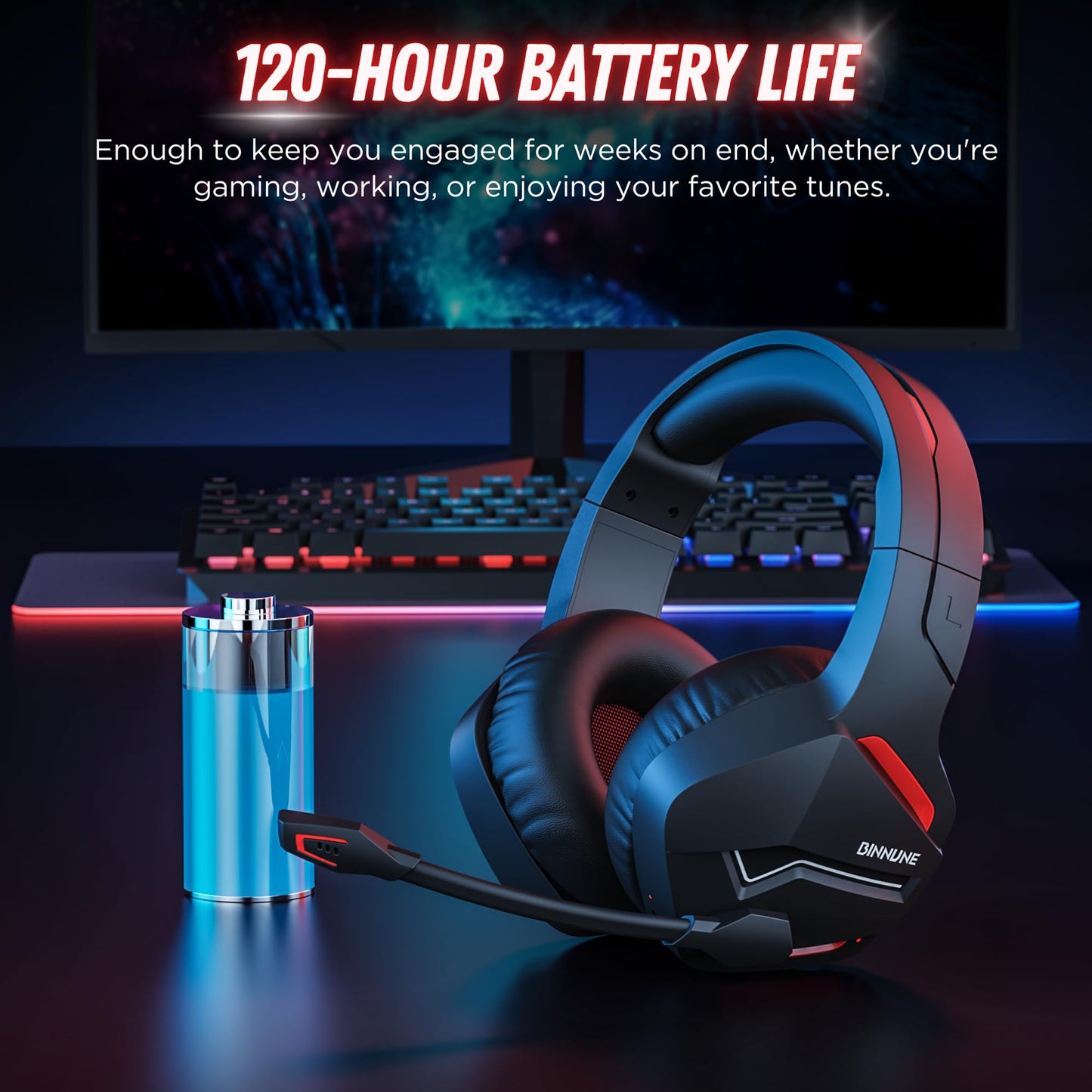 BINNUNE Wireless Gaming Headset with Microphone for PC PS4 PS5, 2.4G Wireless Bluetooth USB Gamer Headphones with Mic for Laptop Computer