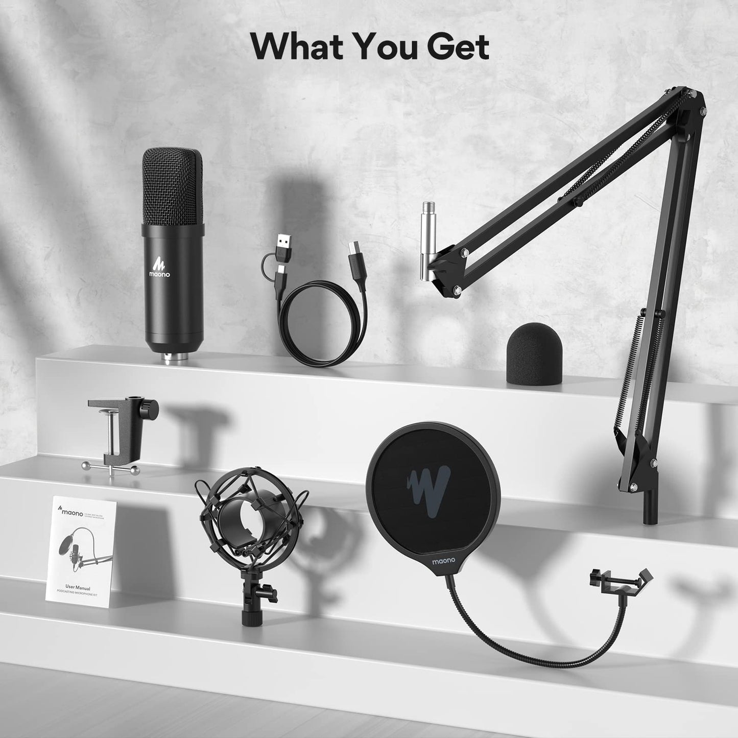 MAONO Podcast Microphone, USB Computer Mic for PC with Software, Boom Arm and Shock Mount for Singing, Recording, Streaming, Gaming, YouTube (AU-A04E) Black