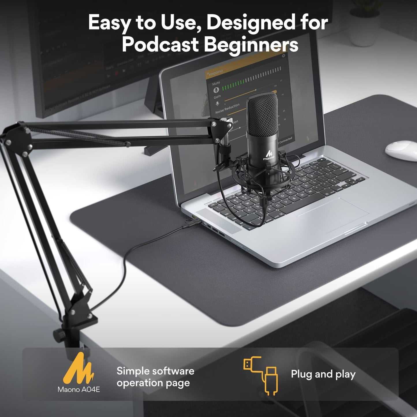 MAONO Podcast Microphone, USB Computer Mic for PC with Software, Boom Arm and Shock Mount for Singing, Recording, Streaming, Gaming, YouTube (AU-A04E) Black
